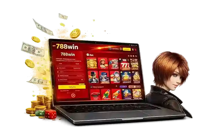 3D laptop showing 788Win game interface with female character and floating dollar coins on PC