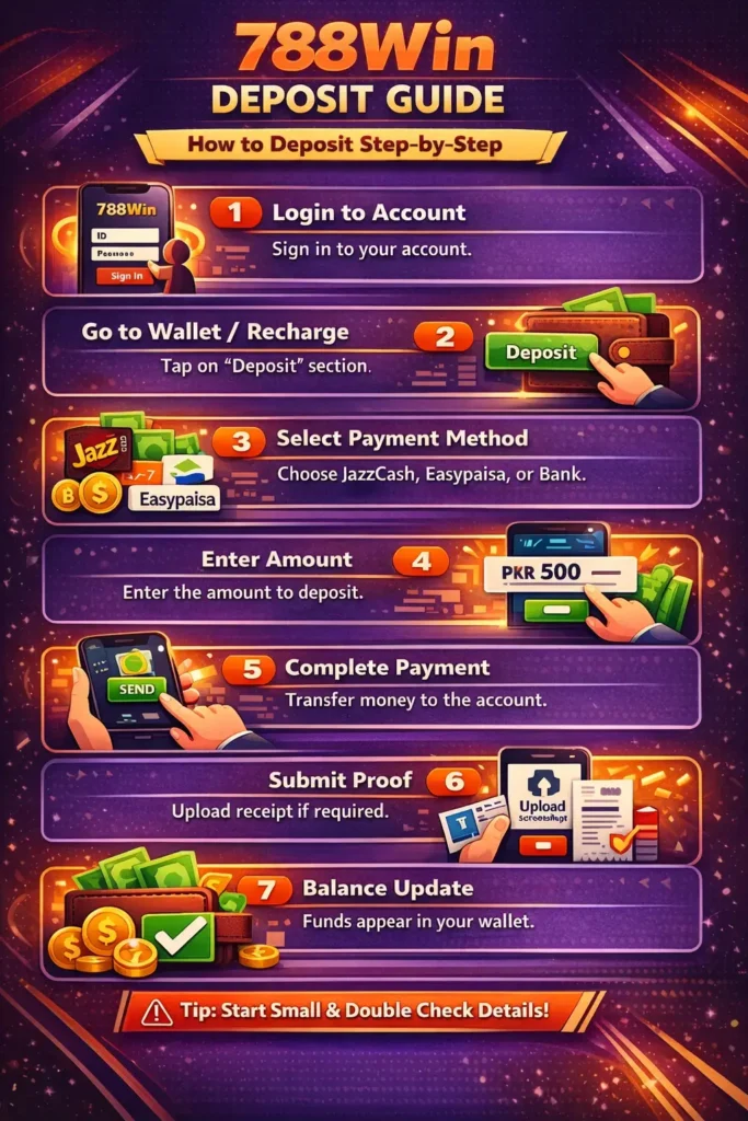 788Win deposit guide infographic showing step by step process including login, recharge, JazzCash Easypaisa payment, amount entry, payment confirmation and balance update