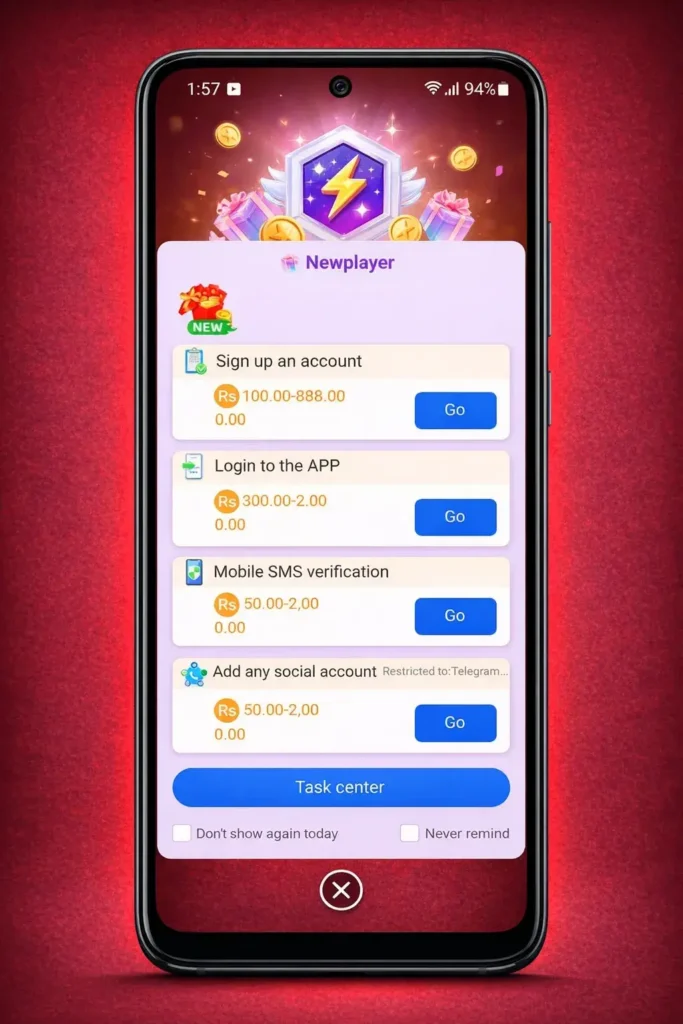 Home page 13 788WIN new player tasks screen showing signup bonus, login rewards and beginner earning tasks
