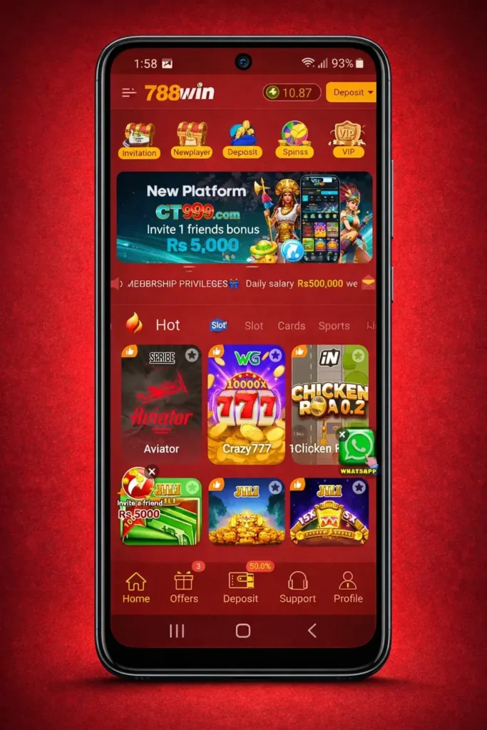 Home page 16 788WIN app home screen showing slot games, deposit option, invite bonus and earning dashboard interface