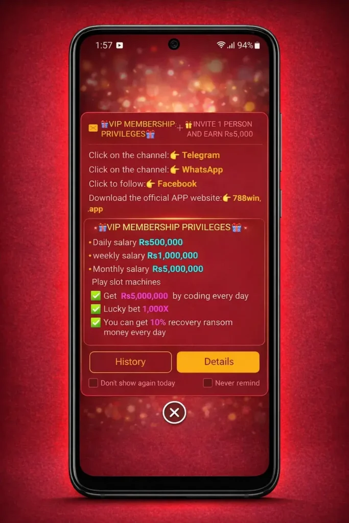 Home page 15 788WIN VIP membership screen showing daily salary rewards, cashback offers and monthly bonus benefits