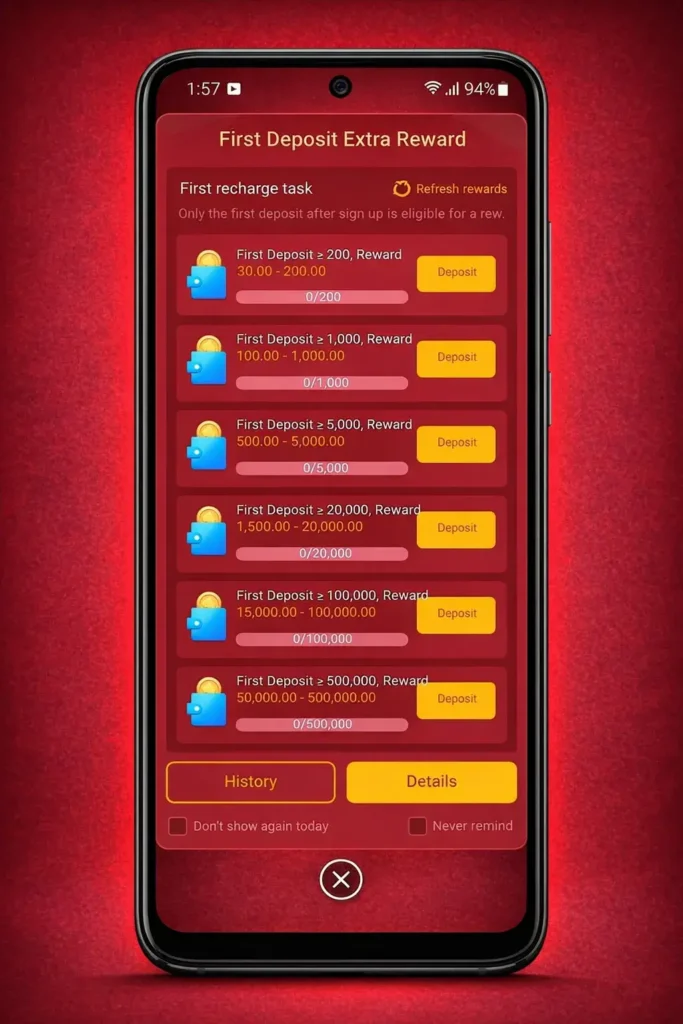 Home page 14 788WIN first deposit bonus screen showing recharge rewards and extra bonus offers for new users
