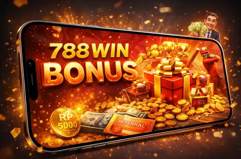 788 Win bonus offer displayed on mobile screen with coins, gift box, and reward elements