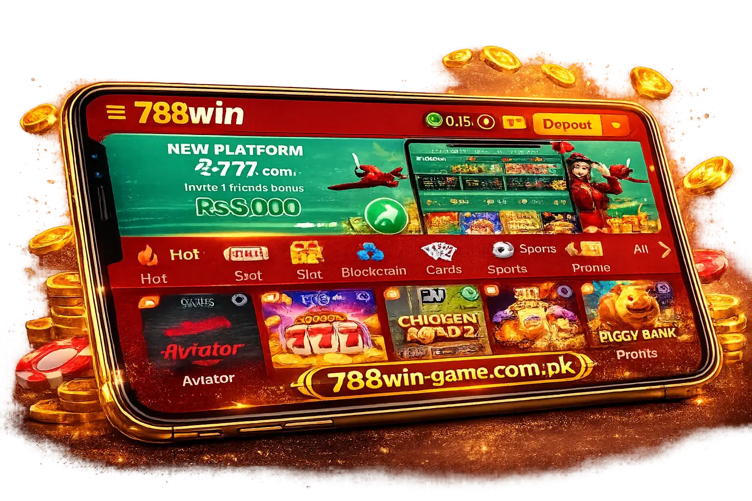 788Win game interface screenshot showing dashboard with games, wallet balance, deposit button and betting options on mobile screen