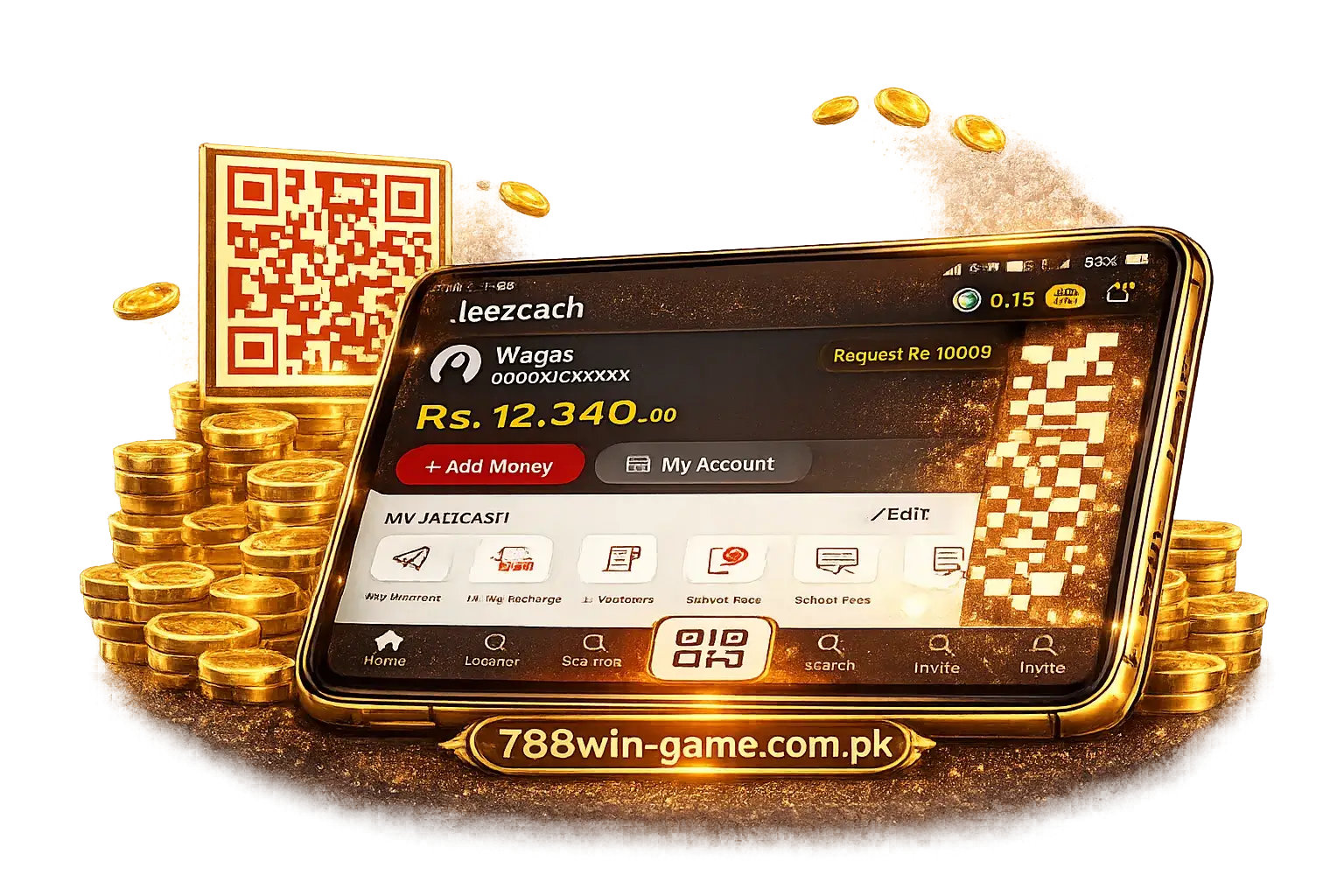 788Win wallet screen showing account balance, add money option and JazzCash deposit method with mobile interface
