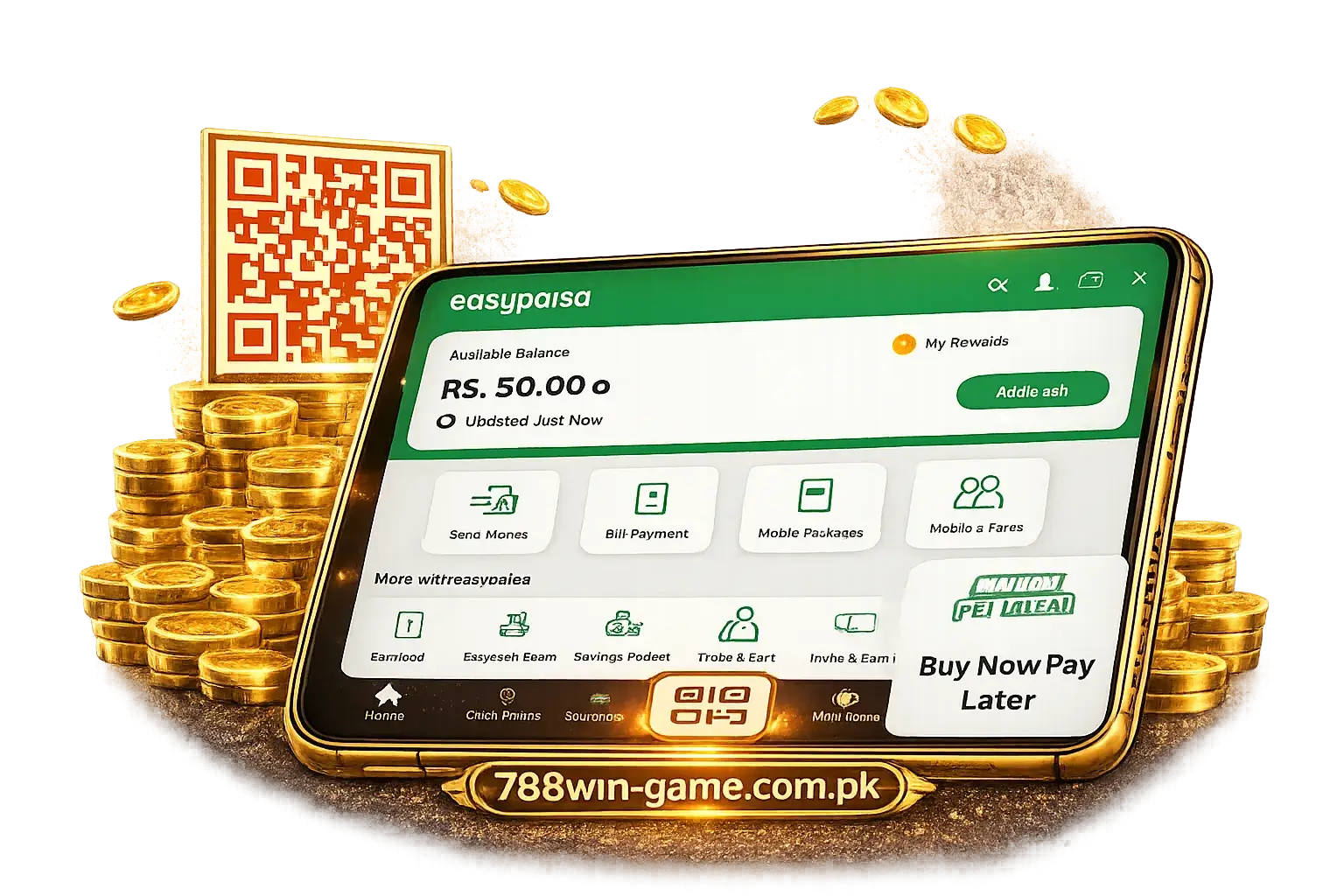 788Win Easypaisa deposit interface showing balance, add money option and mobile wallet payment method on screen