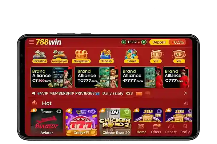 Home page 3 788WIN app screen showing brand slot games, Aviator game, deposit option and daily earning features