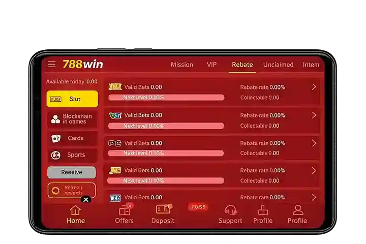 Home page 4 788WIN rebate dashboard showing cashback rewards, weekly salary and betting bonus system