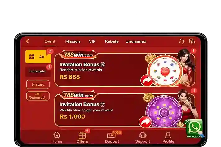 Home page 9 788WIN invitation bonus screen showing refer and earn rewards and referral earning system