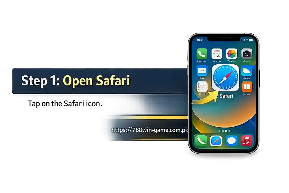 Open Safari browser on iPhone home screen to start using 788 Win on iOS