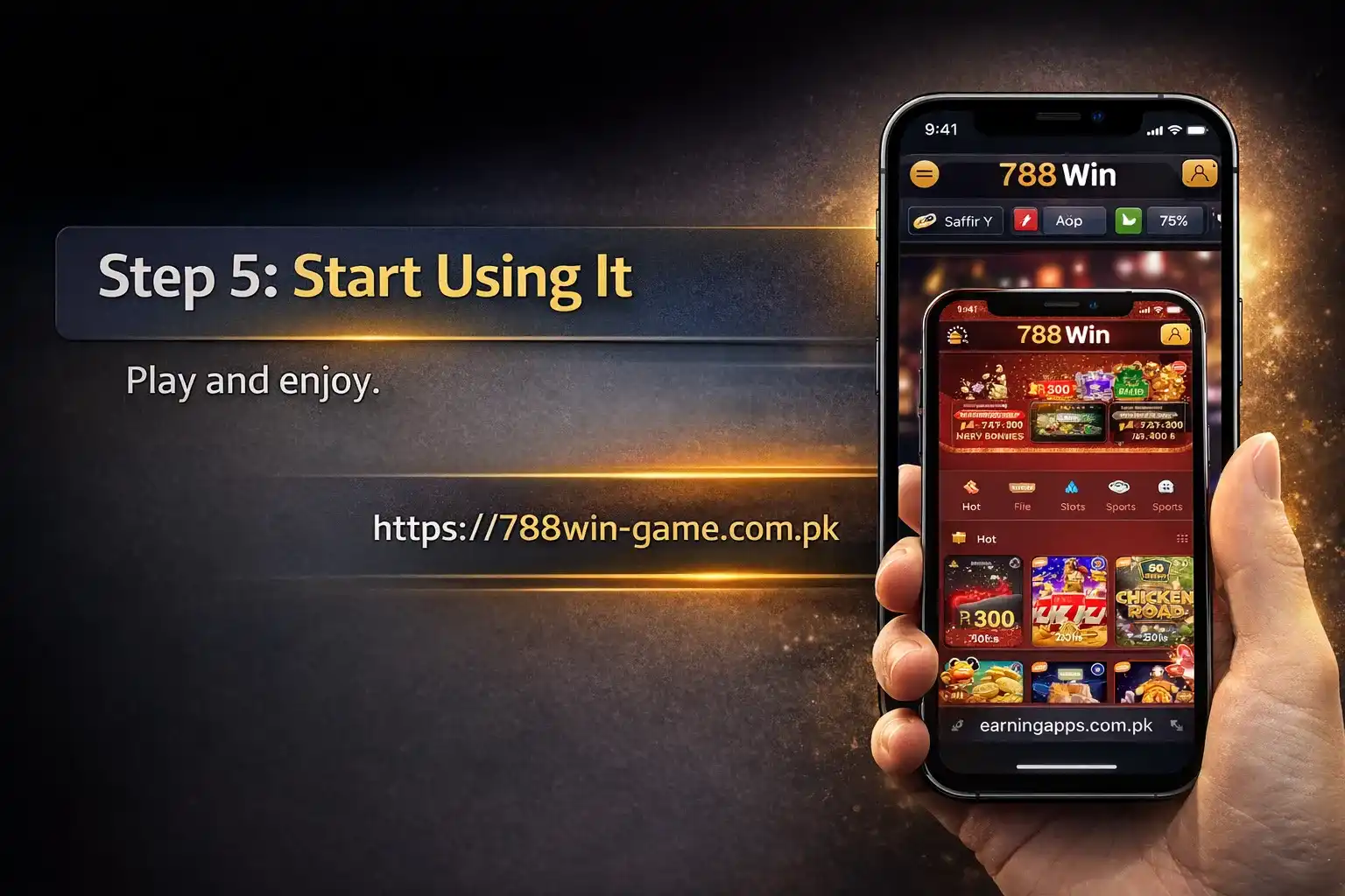 788 Win game dashboard open on iPhone showing games and wallet after login