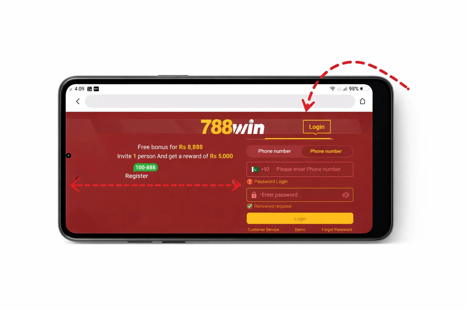 788Win login page opened on mobile browser with login button highlighted