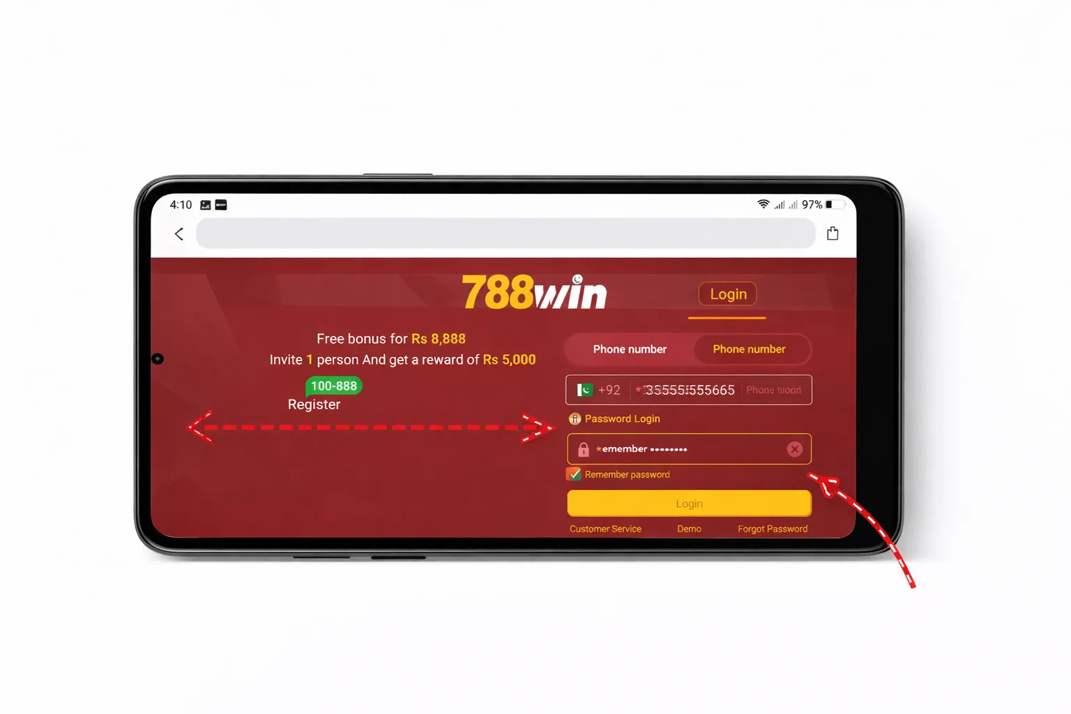 788Win mobile login form with phone number password fields and login button highlighted