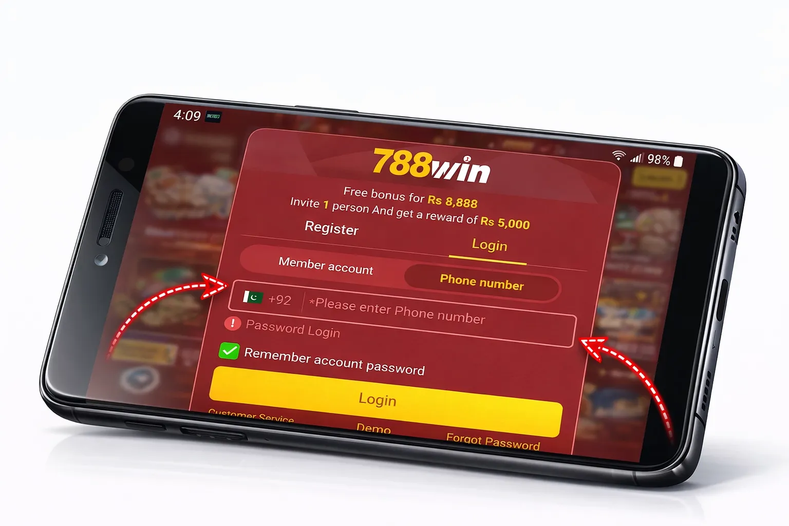 788Win mobile login screen with phone number and password fields highlighted on smartphone