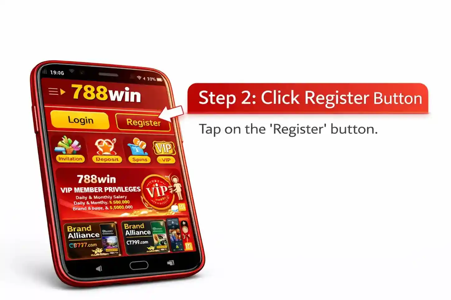 Tap register button on 788 Win homepage to start account registration on mobile