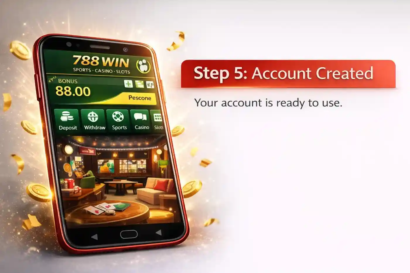 788 Win dashboard open on mobile after successful account registration showing wallet and games