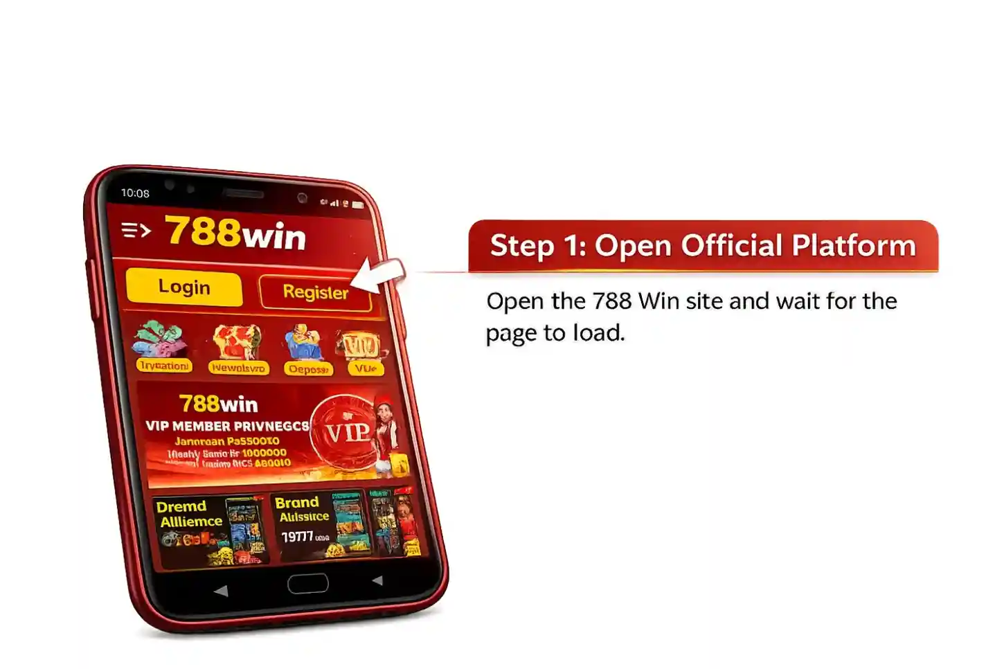 Open 788 Win website on mobile browser showing login and register options on homepage