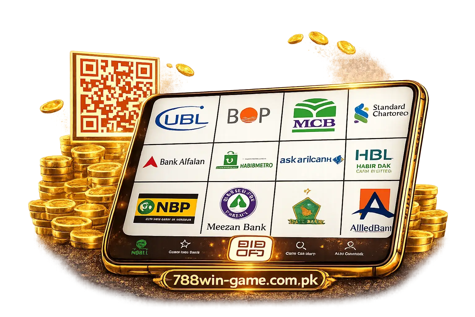 788Win deposit methods showing Pakistani banks including UBL, MCB, HBL, Meezan Bank and other payment options on mobile screen